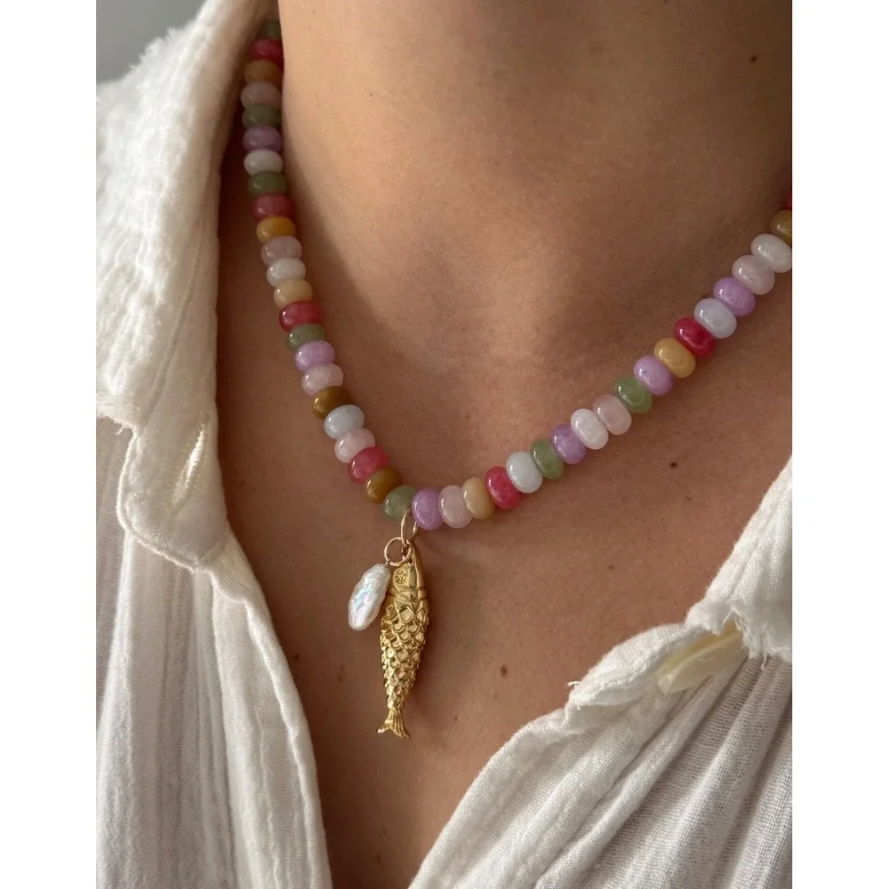 Elan Rainbow Beaded Fish Necklace Sardine Girl Coastal Jewelry
